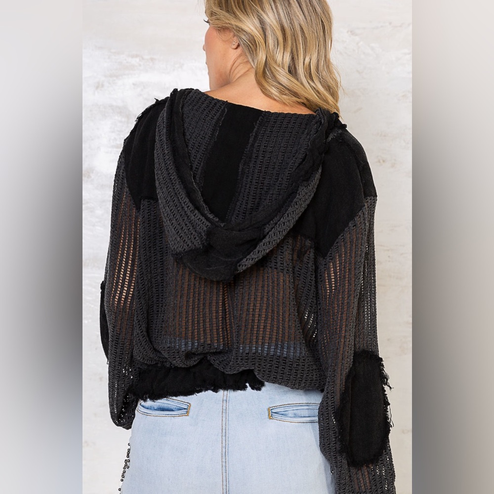 Open Knit Contrast Hooded Shacket with Frayed Edges - POL - Picture 4 of 6